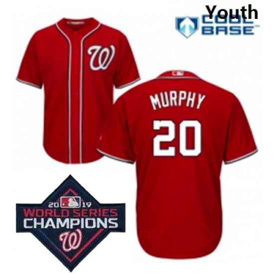Youth Majestic Washington Nationals 20 Daniel Murphy Red Alternate 1 Cool Base MLB Stitched 2019 World Series Champions Patch Jersey